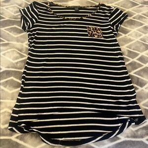 Black and White Striped Top with Leopard Pocket